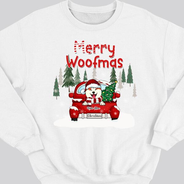 Merry Woofmas, Christmas Tree & Red Truck, Personalized Dog Breeds Sweatshirt, Sweatshirt For Dog Lovers