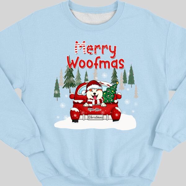 Merry Woofmas, Christmas Tree & Red Truck, Personalized Dog Breeds Sweatshirt, Sweatshirt For Dog Lovers