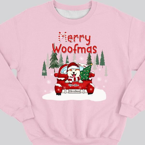 Merry Woofmas, Christmas Tree & Red Truck, Personalized Dog Breeds Sweatshirt, Sweatshirt For Dog Lovers