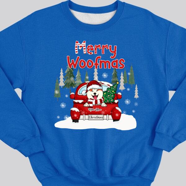 Merry Woofmas, Christmas Tree & Red Truck, Personalized Dog Breeds Sweatshirt, Sweatshirt For Dog Lovers