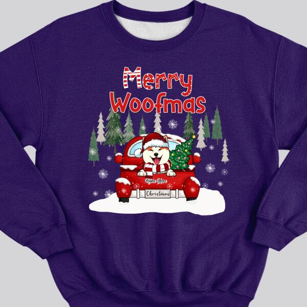 Merry Woofmas, Christmas Tree & Red Truck, Personalized Dog Breeds Sweatshirt, Sweatshirt For Dog Lovers