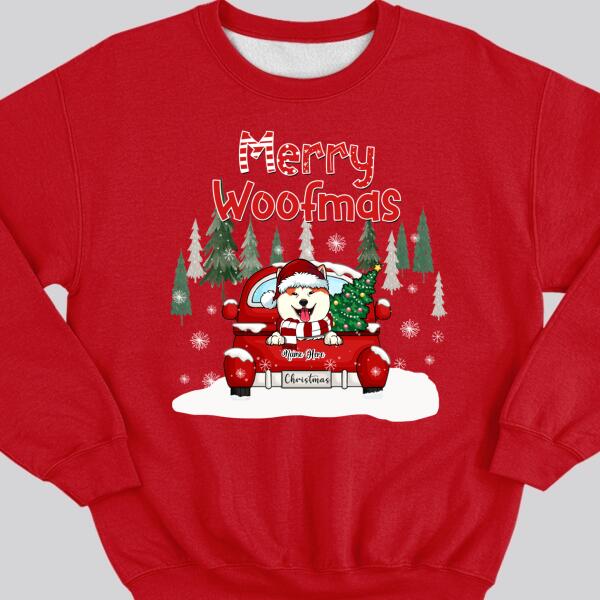 Merry Woofmas, Christmas Tree & Red Truck, Personalized Dog Breeds Sweatshirt, Sweatshirt For Dog Lovers