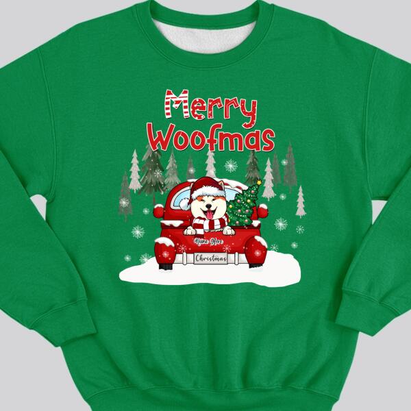 Merry Woofmas, Christmas Tree & Red Truck, Personalized Dog Breeds Sweatshirt, Sweatshirt For Dog Lovers