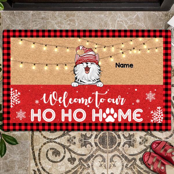 Christmas Front Door Mat, Gifts For Cat Lovers, Welcome To Our Ho Ho Home Personalized Doormat