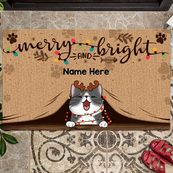 Christmas Personalized Doormat, Gifts For Cat Lovers, Merry And Bright Cat Peeking From Curtain Front Door Mat