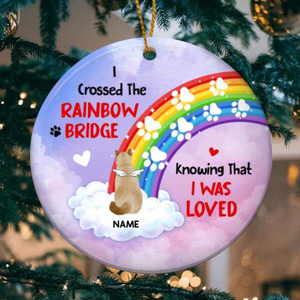 I Crossed The Rainbow Bridge, Rainbow Circle Ceramic Ornament, Personalized Cat Breeds Ornament, Pet Memorial Ornament