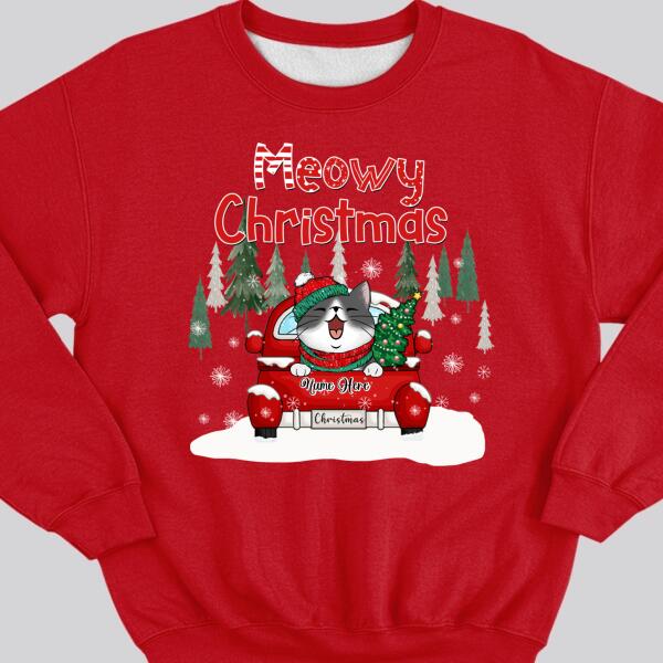 Meowy Christmas, Christmas Tree & Red Truck, Personalized Cat Breeds Sweatshirt, Sweatshirt For Cat Lovers