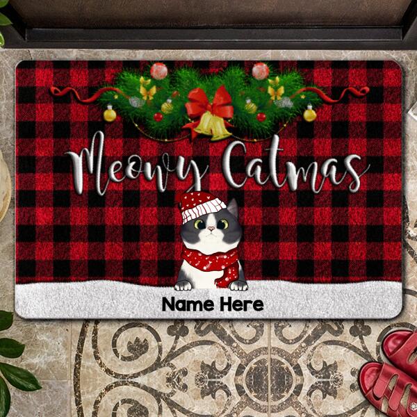 Christmas Personalized Doormat, Gifts For Cat Lovers, Meowy Catmas Buffalo Plaid Front Door Mat