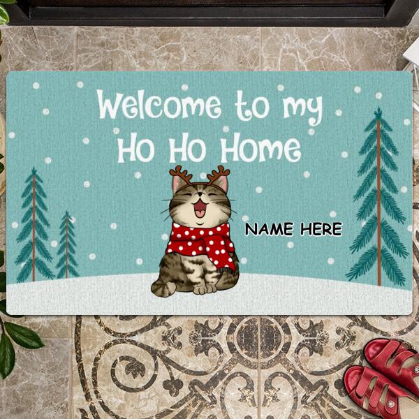 Christmas Personalized Doormat, Gifts For Cat Lovers, Welcome To Our Ho Ho Home Turquoise Pastel Front Door Mat