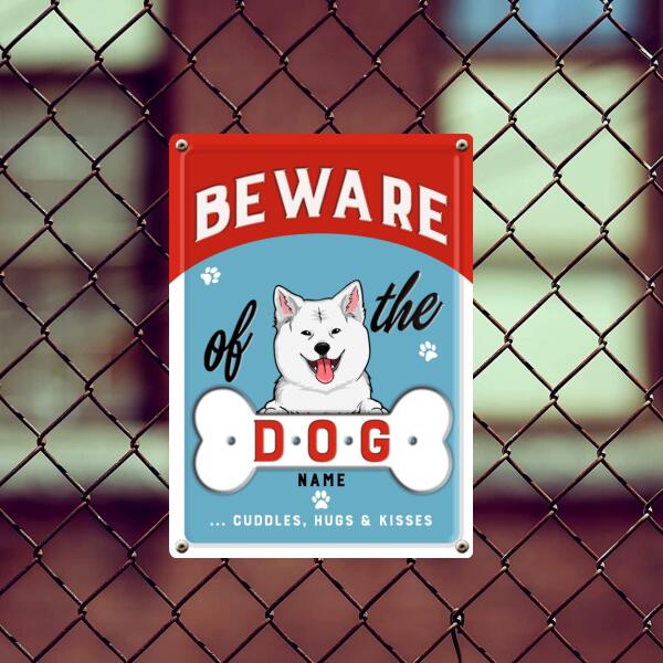 Pawzity Beware Of Dogs Metal Yard Sign, Gifts For Dog Lovers, Cuddles Hugs & Kisses Funny Warning Signs