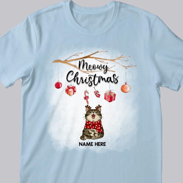 Meowy Christmas, Laughing Cats With Gifts Candy Canes Bauble Cherry, Personalized Cat Christmas T-shirt
