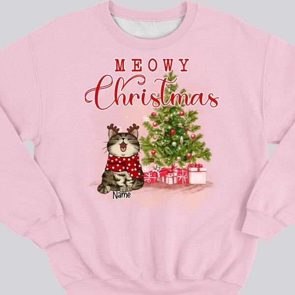 Meowy Christmas, Christmas Tree & Gifts, Personalized Cat Breeds Sweatshirt, Sweatshirt For Cat Lovers