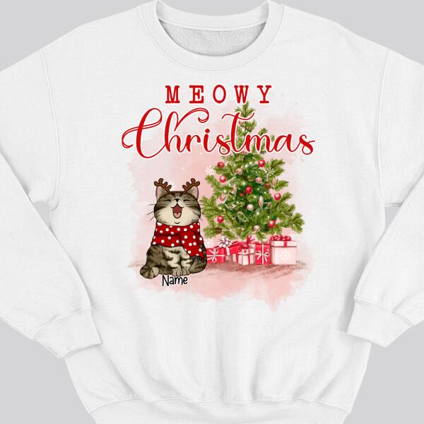 Meowy Christmas, Christmas Tree & Gifts, Personalized Cat Breeds Sweatshirt, Sweatshirt For Cat Lovers