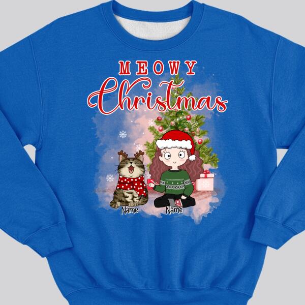 Meowy Christmas, Girl & Cat, Personalized Girl & Cat Breeds Sweatshirt, Sweatshirt For Cat Lovers