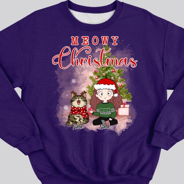 Meowy Christmas, Girl & Cat, Personalized Girl & Cat Breeds Sweatshirt, Sweatshirt For Cat Lovers