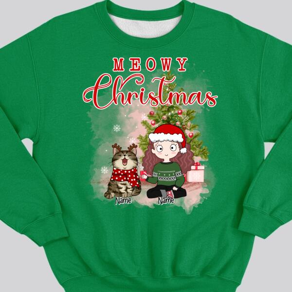 Meowy Christmas, Girl & Cat, Personalized Girl & Cat Breeds Sweatshirt, Sweatshirt For Cat Lovers