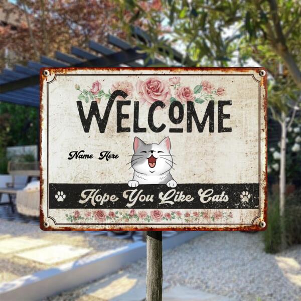 Pawzity Metal Welcome Sign, Gifts For Cat Lovers, Hope You Like Cats Rose Vintage Signs