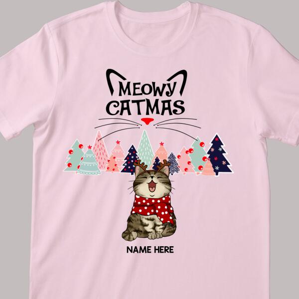 Meowy Catmas - Christmas Cat With Pine Trees - Personalized Cat Christmas T-shirt