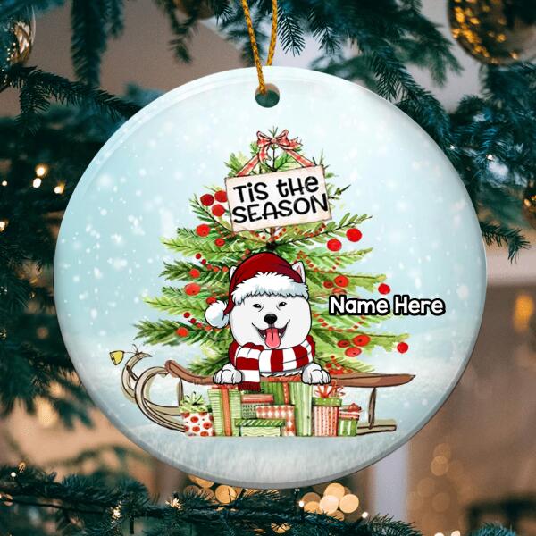 Tis The Season, Christmas Tree & Gifts Circle Ceramic Ornament, Personalized Christmas Dog Breeds Ornament