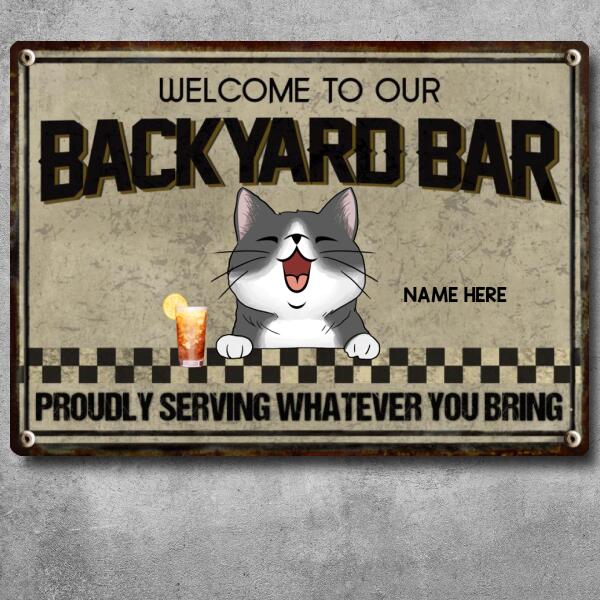 Pawzity Metal Backyard Bar Sign, Gifts For Cat Lovers, Proudly Serving Whatever You Bring Welcome Signs