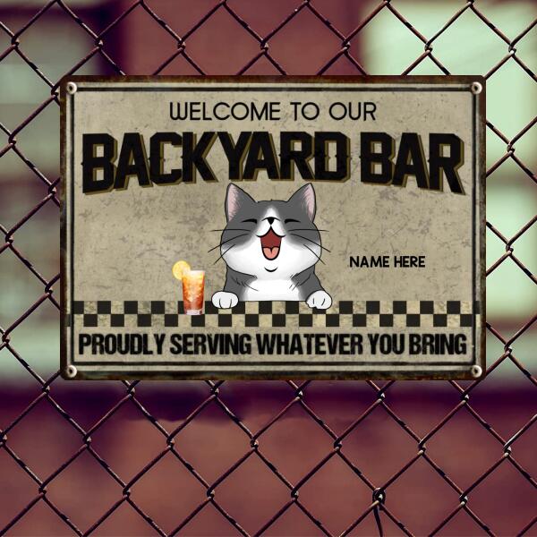 Pawzity Metal Backyard Bar Sign, Gifts For Cat Lovers, Proudly Serving Whatever You Bring Welcome Signs
