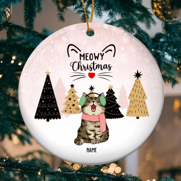 Meowy Christmas Circle Ceramic Ornament, Black & Yellow Forest Pine Tree, Personalized Decorative Christmas Ornament