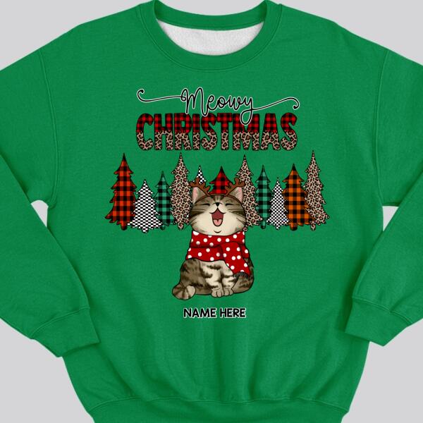 Meowy Christmas, Leopard & Plaid Christmas Trees, Personalized Cat Breeds Sweatshirt, Sweatshirt For Cat Lovers