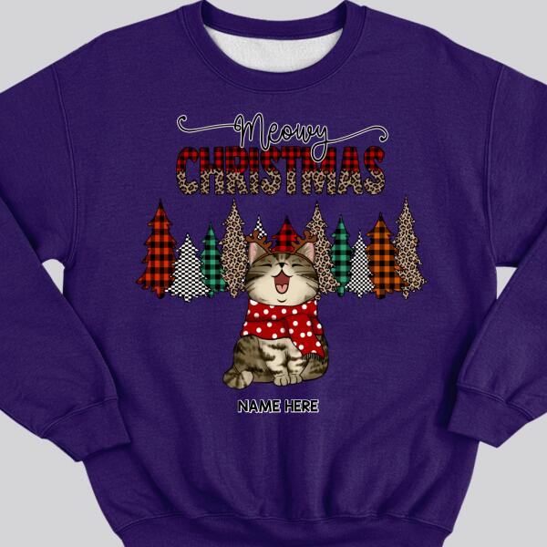 Meowy Christmas, Leopard & Plaid Christmas Trees, Personalized Cat Breeds Sweatshirt, Sweatshirt For Cat Lovers