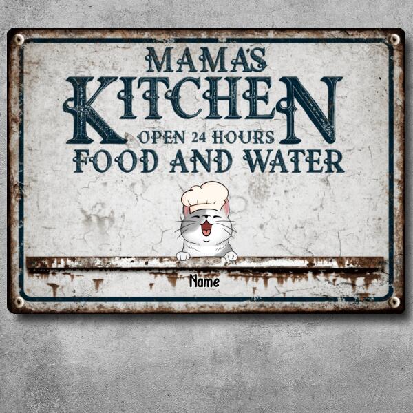 Pawzity Metal Kitchen Sign, Gifts For Cat Lovers, Open 24 Hours Food And Water Custom Kitchen Signs