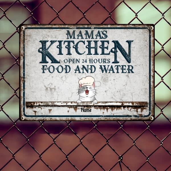 Pawzity Metal Kitchen Sign, Gifts For Cat Lovers, Open 24 Hours Food And Water Custom Kitchen Signs
