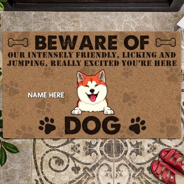 Pawzity Beware Of The Dogs Personalized Doormat, Gifts For Dog Lovers, Our Intensely Friendly Really Excited You're Here