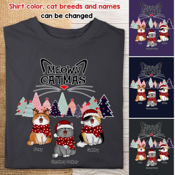 Meowy Catmas, Colorful Christmas Trees, Personalized Cat Christmas T-shirt, Gift For Cat Lovers