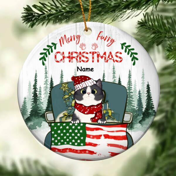 Merry Furry Christmas Circle Ceramic Ornament, Cats On The Car With Flag And Green Forest Background, Personalized Cat Christmas Ornament