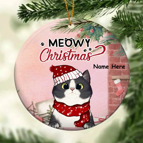 Meowy Christmas Circle Ceramic Ornament, Pink Background, Personalized Cat Lovers Decorative Christmas Ornament