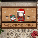 Christmas Front Door Mat, Gifts For Cat Lovers, Welcome You Girl & Her Cats Personalized Doormat