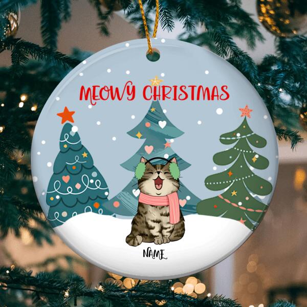 Meowy Christmas Circle Ceramic Ornament, Cute Pine Trees With Christmas Cats, Personalized Cat Lovers Decorative Christmas Ornament