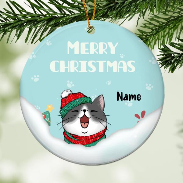 Merry Christmas, Cat On Snow Circle Ceramic Ornament, Personalized Cat Breeds Ornament