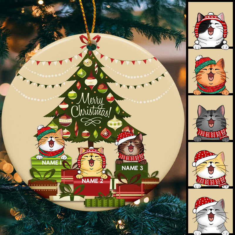 Personalised Merry Xmas Cat On Gift Box Circle Ceramic Ornament - Personalized Cat Lovers Decorative Christmas Ornament