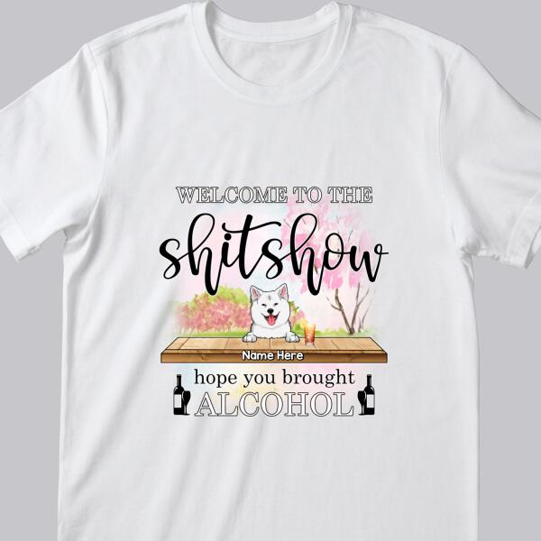 Welcome To Shitshow, Hope You Brought Alcohol, Pink Flowers And Pink Tree Background, Personalized Dog Lovers T-shirt