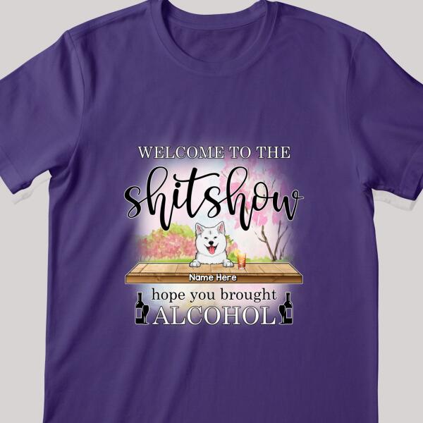 Welcome To Shitshow, Hope You Brought Alcohol, Pink Flowers And Pink Tree Background, Personalized Dog Lovers T-shirt