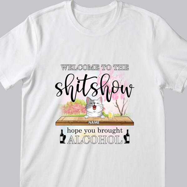 Welcome To Shitshow, Hope You Brought Alcohol, Pink Flowers And Pink Tree Background, Personalized Cat Lovers T-shirt