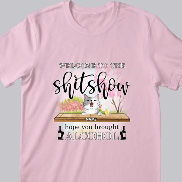 Welcome To Shitshow, Hope You Brought Alcohol, Pink Flowers And Pink Tree Background, Personalized Cat Lovers T-shirt