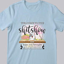Welcome To Shitshow, Hope You Brought Alcohol, Pink Flowers And Pink Tree Background, Personalized Cat Lovers T-shirt