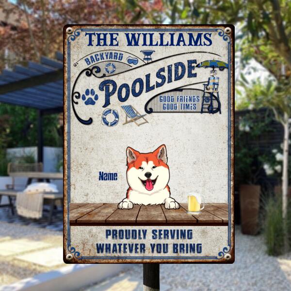 Pawzity Metal Backyard Poolside Sign, Gifts For Dog Lovers, Proudly Serving Whatever You Bring Family Name Sign