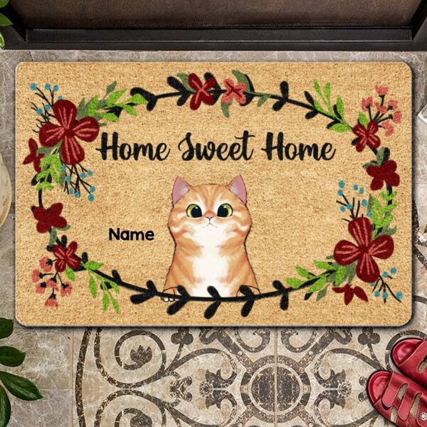 Pawzity Personalized Doormat, Gifts For Cat Lovers, Home Sweet Home Flower Wreath Outdoor Door Mat