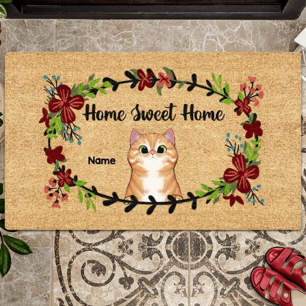 Pawzity Personalized Doormat, Gifts For Cat Lovers, Home Sweet Home Flower Wreath Outdoor Door Mat