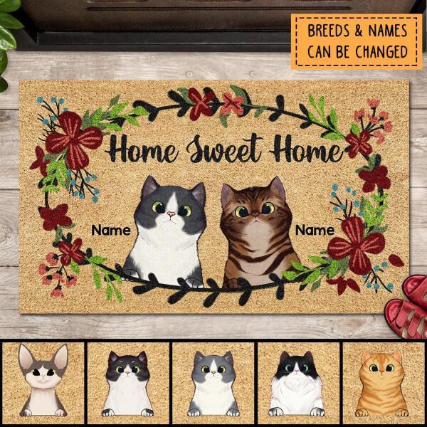 Pawzity Personalized Doormat, Gifts For Cat Lovers, Home Sweet Home Flower Wreath Outdoor Door Mat