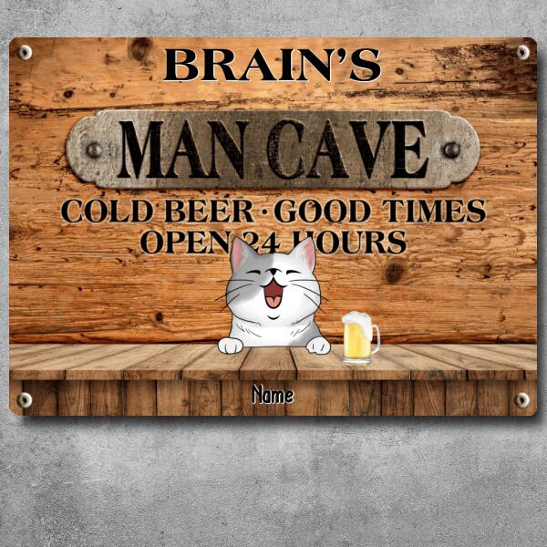 Pawzity Metal Man Cave Signs, Gifts For Cat Lovers, Cold Beer Good Times Open 24 Hours Family Name Sign