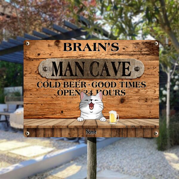 Pawzity Metal Man Cave Signs, Gifts For Cat Lovers, Cold Beer Good Times Open 24 Hours Family Name Sign