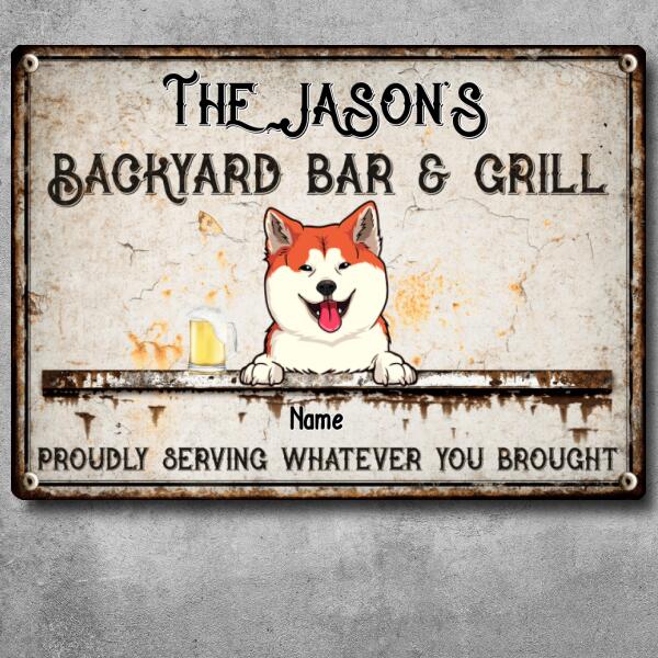 Pawzity Metal Backyard Bar & Grill Sign, Gifts For Pet Lovers, Proudly Serving Whatever You Brought Family Name Sign